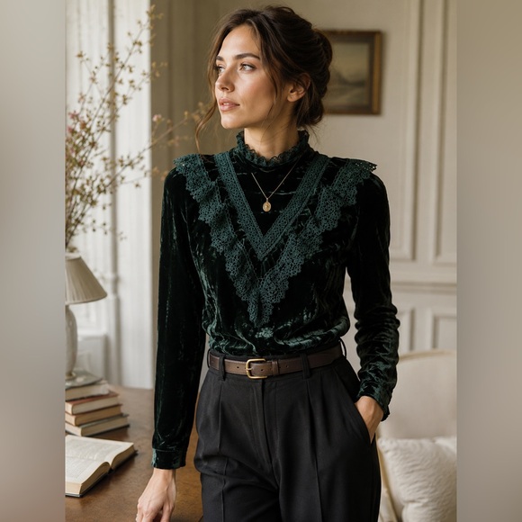 Tops - Crushed Velvet Lace Blouse Green Teal XS High Neck